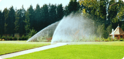 Lawn areas being watered by pop-up sprinkler irrigation system